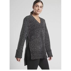 Athleta Shasta Knit Sweater V Neck Marled Wool Blend Black Sit Hem Women‎ Size S
